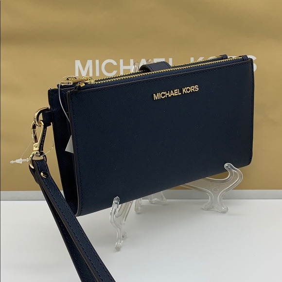 MICHAEL KORS LG DOUBLE ZIP WRISTLET PHONE CASE - wallet Navy NWT - Picture 15 of 16